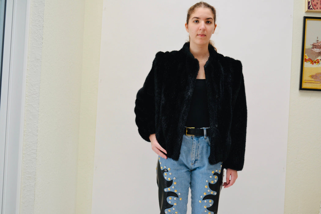 80s Vintage Faux Fur Black jacket Coat 80s 90s Black Cropped Faux fur Jacket Coat XS Small 80s 90s Glam Black Fur Party Jacket Black