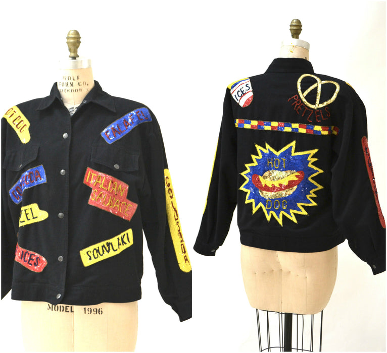 Vintage Sequin Jacket Black with Hot dog Carnival Junk Food Large// Vintage Black Sequin Jacket Carnival Coney Island Comic Pop Art By Modi