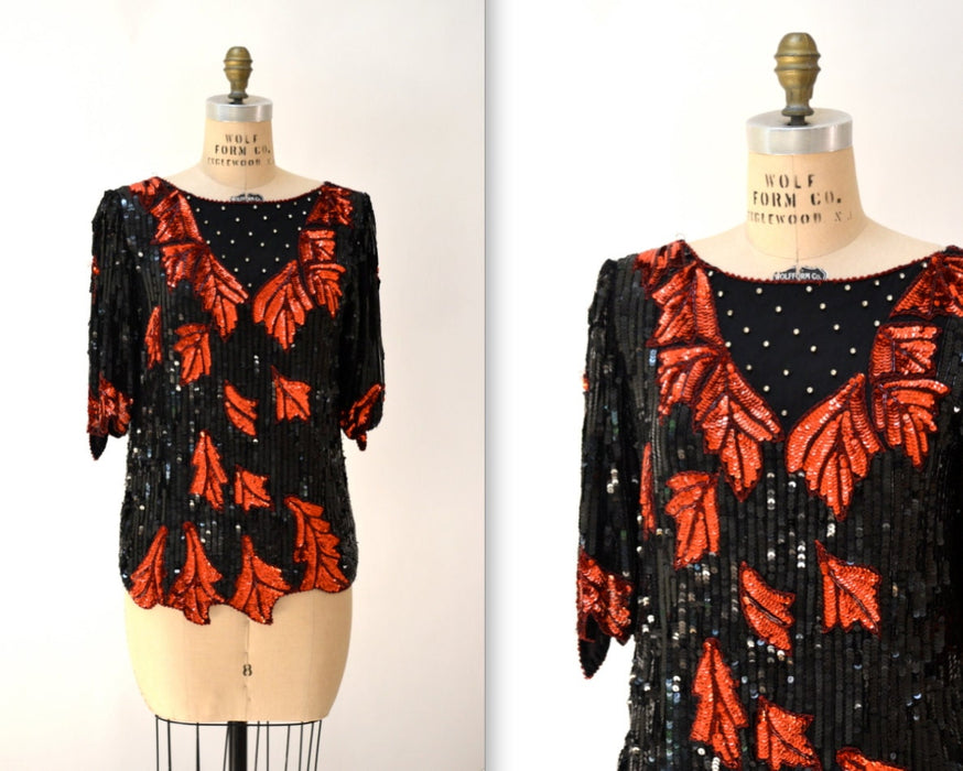 Vintage Sequin Shirt Red and Black Medium 80s Glam Flapper Shirt// Vintage Art Deco Flapper Inspired Sequin Top 80s Party sequin beaded Top