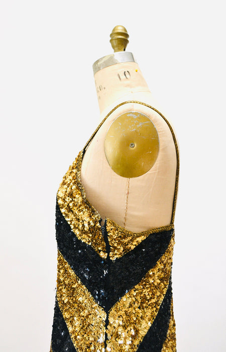 90s Vintage Black Gold Metallic Sequin Dress Tank Sleeveless Gold Sequin Jacket Bolero // Vintage 90s Sequin Showgirl Party Dress and Jacket