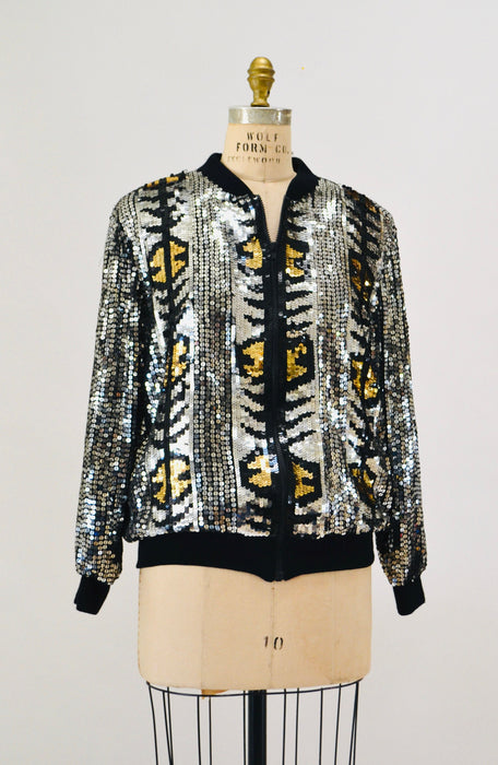 Vintage 80s 90s Silver Sequin Party Bomber Jacket Metallic Jacket Medium large// Vintage 80s 90s Party Metallic Silver Gold Sequin Jacket