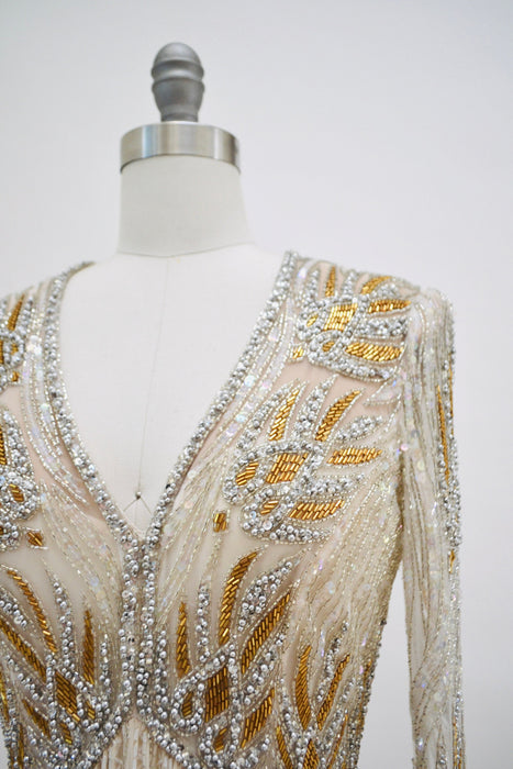 80s 90s Vintage Silver Gold White Cream Beaded Gown Dress Small Medium Bob Mackie Silk// Vintage Wedding Gown Beaded Art Deco Gown Small