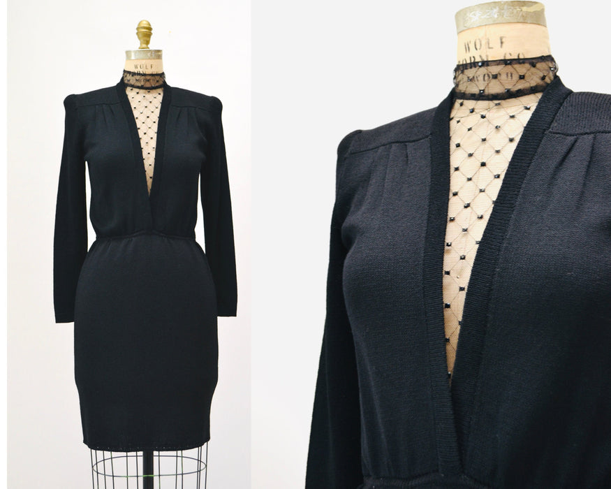 80s Vintage St John Dress Black Knit Dress By St John Rhinestone Mesh Knit Long Sleeve Dress // 80s Black Sweater Knit Party Dress XS Small