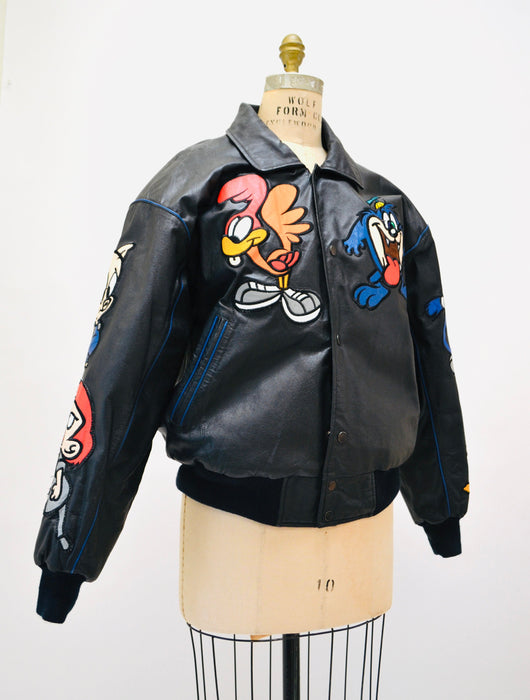 80s 90s Vintage Tiny Toons Adventures Leather Jacket Looney Tunes Cartoon Large Montana Toons Leather Jacket Warner Bros Taz Bugs Bunny