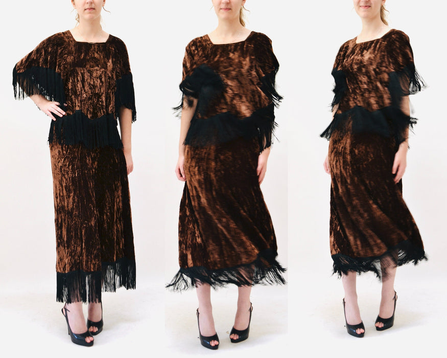 70s AMAZING Vintage Brown Crushed Velvet Fringe Top and Skirt By David Silverman Made in England Fringe 70s Festival Boho Top Skirt Dress