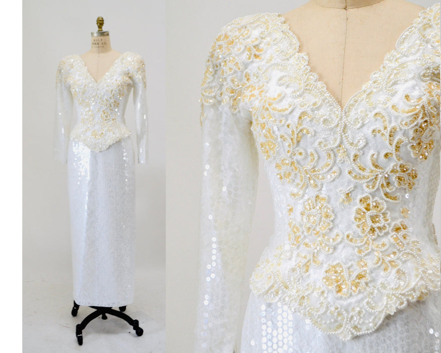 80s 90s Vintage White Lace Sequin Wedding Dress Vintage Conservative Wedding Dress SMALL Medium // Long Sleeve Vintage White Sequin Dress