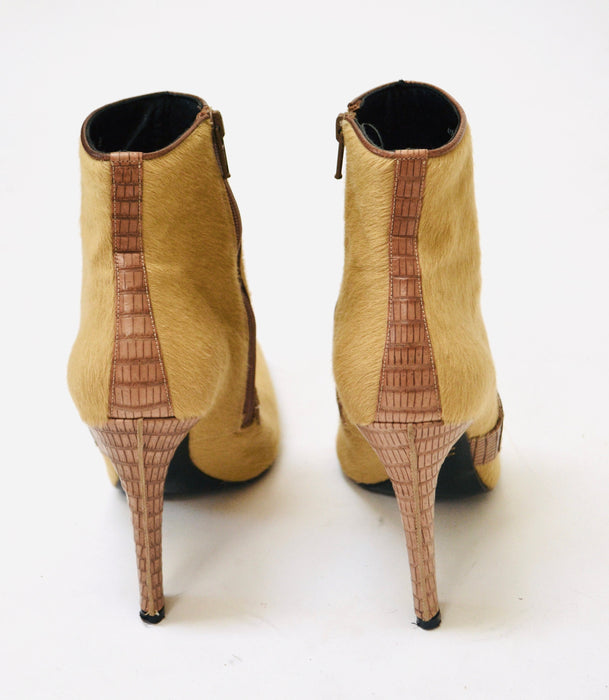 Vintage 90s 00s Pony Hair Leather High Heel Booties 6 1/2 7 By Lagerfeld// Pony Hair high heel Cropped Boots 6 1/2 Camel Tan Made in France