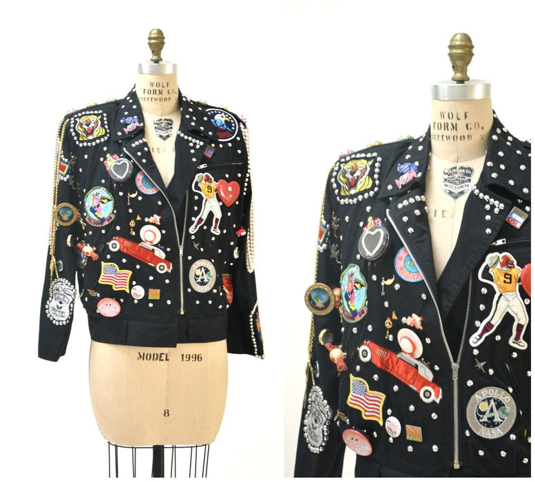 90s Vintage Patch Jacket Studded Metallic Pin Button Jacket Hearts Peace Sign Bonnie Boerer Pop art American USA football Flag Heart Jacket