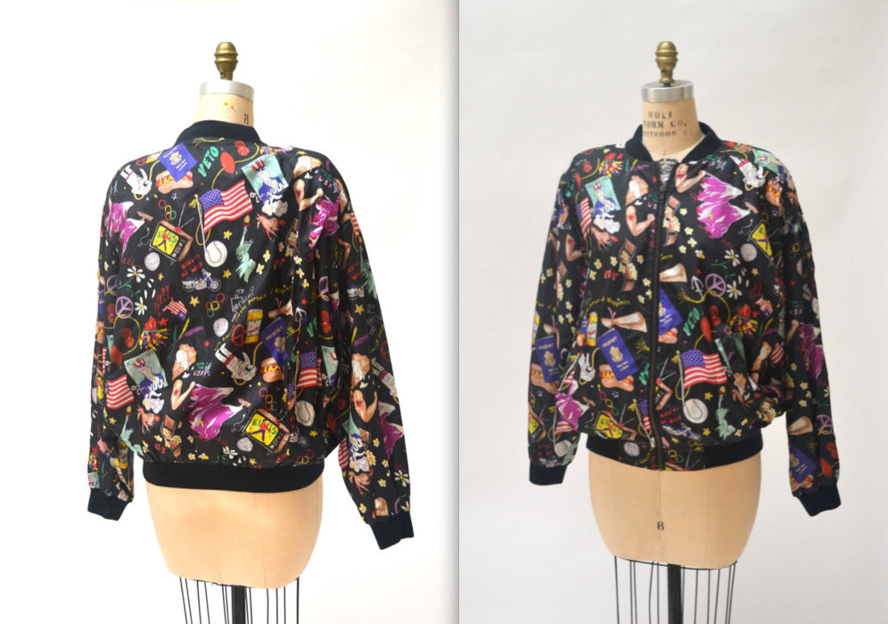 90s Vintage Silk Bomber Jacket by Nicole Miller with USA America United States Elvis Harley Printed Silk Jacket Mens Womens