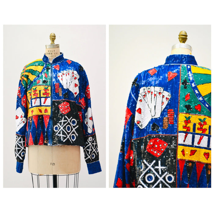 80s 90s Vintage Las Vegas Casino Sequin Jacket Large by JUST FABULOUS Cards Slot Machine Poker Las Vegas Pop Art Beaded Sequin Jacket Large