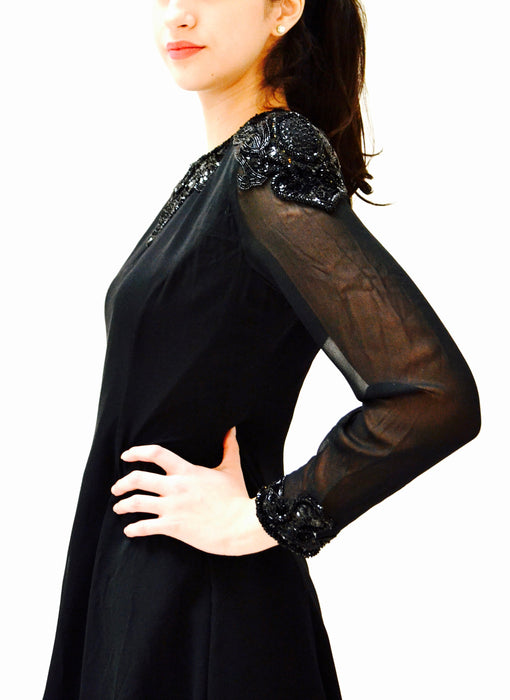 90s Vintage Black Silk Party Dress Black Sequin Beaded Dress Small Medium// 90s Prom Party Vintage Black Sequin Dress Long sleeve Dress