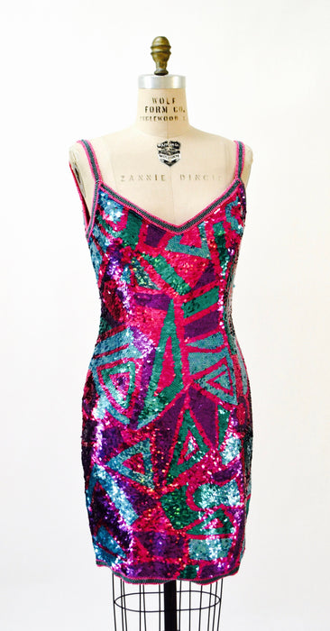 Vintage Sequin Dress Metallic Dress Pink Purple Sequin Dress XS Small // 90s Prom Dress Sequin Dress Sleeveless BodyCon Alyce Designs