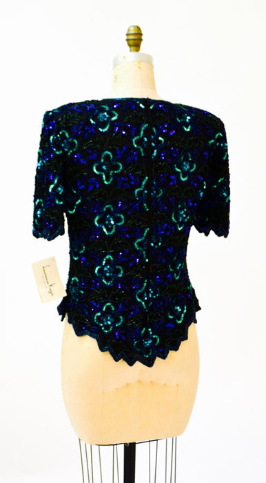 Vintage Black Sequin Shirt top Large XL Black blue beaded shirt // 80s Vintage Metallic Sequin Top Black Art Deco Flapper Laurence Kazar