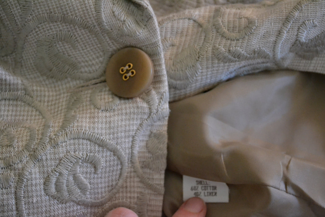 90s 00s Vintage Embroidered Linen Suit Jacket Pants in Khaki Tan Small Medium By Richard Mishann // 90s Vintage Linen Suit Jacket Pants