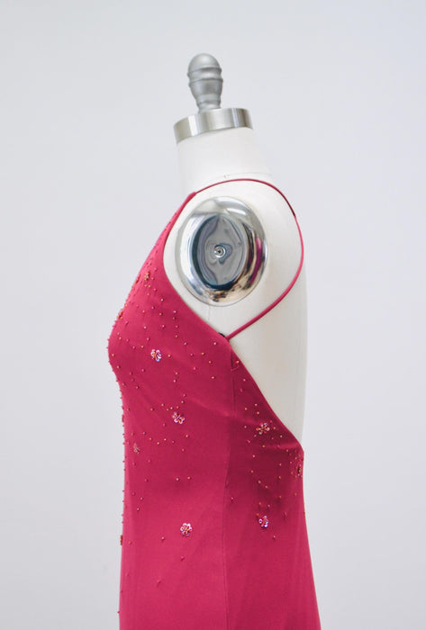 Vintage 00s Y2K Pink Tank Dress Prom Dress Beaded Pink Knit Gown Cami Dress XS Small Pink Long Beaded Dress by Laundry Evening Gown Xs Small