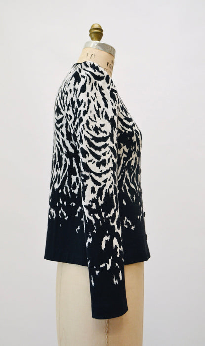 2000s y2k Vintage St. John Collection Zebra Pattern Sweater Cardigan Black and White Animal Zebra Pattern Cardigan Small Medium