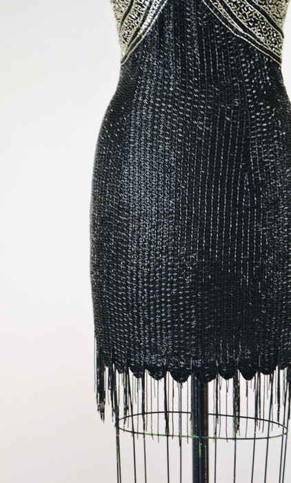 90s Vintage Black Silver Beaded Fringe Showgirl Dress Small Medium // 90s Black Silver Beaded Tank Dress Party Fringe Dress Flapper Dress
