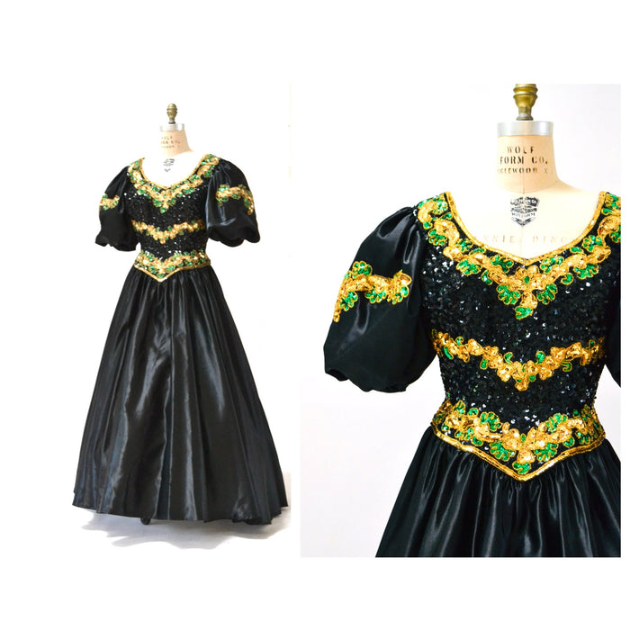 80s Prom Sequin Dress Black Ball Gown Medium Large // Vintage 80s Pageant Princess Dress Ball gown Mike Benet Sequin Party Dress Black Gold