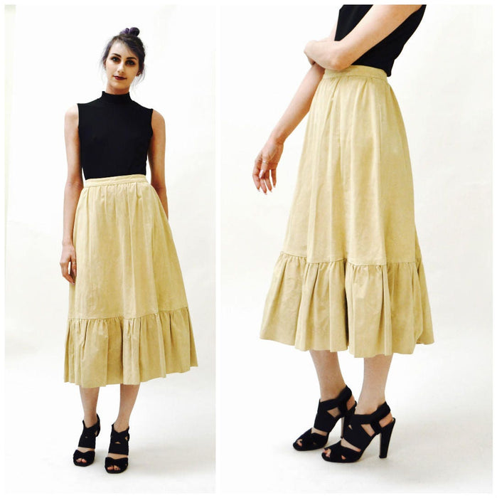 Vintage Tan Suede Leather Skirt Prairie Skirt Midi Camel tan leather skirt Size Small Rodeo cowgirl boho