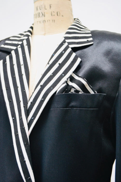 90s Vintage Black White Striped Party Jacket Blazer Medium by Criscione //  90s Black Satin Military Heart Rhinestone Party Jacket Blazer