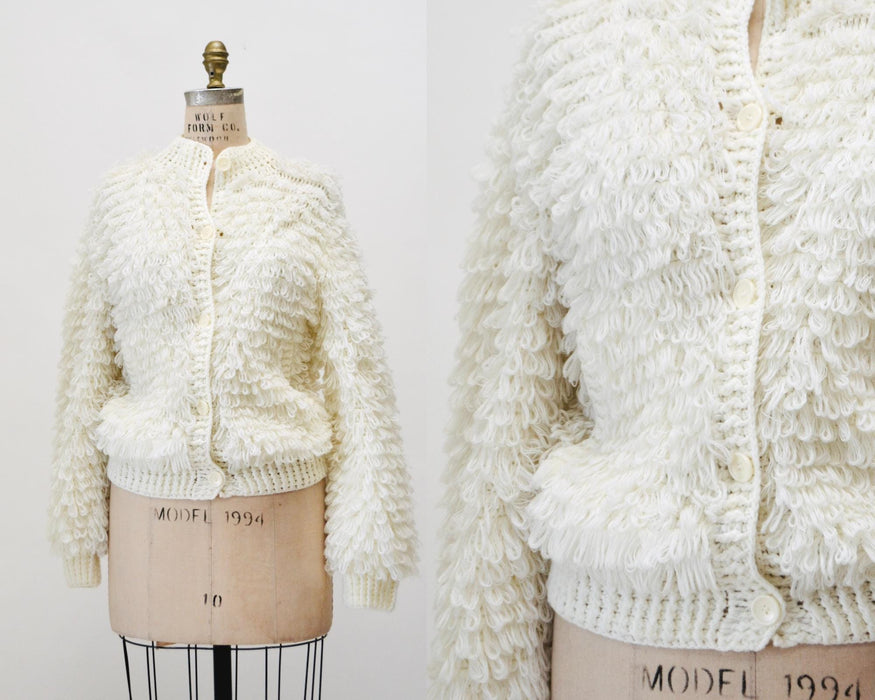 70s Vintage Cream White Loop Knit Shag Sweater Cardigan Small Medium Vintage Wedding Faux Fur Sweater Cardigan by J Gallery White Sweater