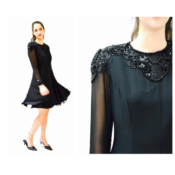 90s Vintage Black Silk Party Dress Black Sequin Beaded Dress Small Medium// 90s Prom Party Vintage Black Sequin Dress Long sleeve Dress