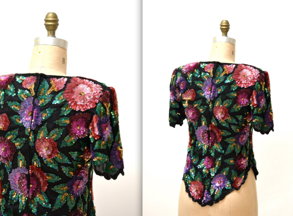Vintage Sequin Shirt Size Medium with Flowers Black and Pink// Vintage Sequin Beaded Top Size Medium by Laurence Kazar Flapper Inspired