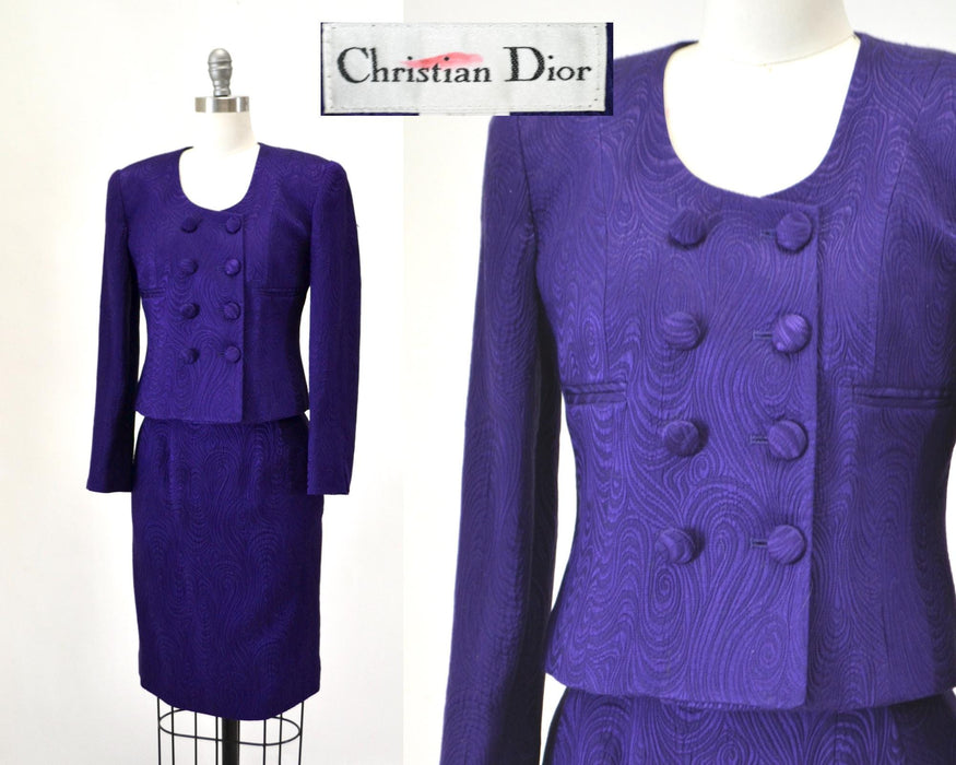 Vintage 80s 90s Purple Silk Suit Jacket Skirt Christian Dior XS  // 90s Glam Purple Barbie Suit Silk Jacket Blazer Skirt By Christian Dior