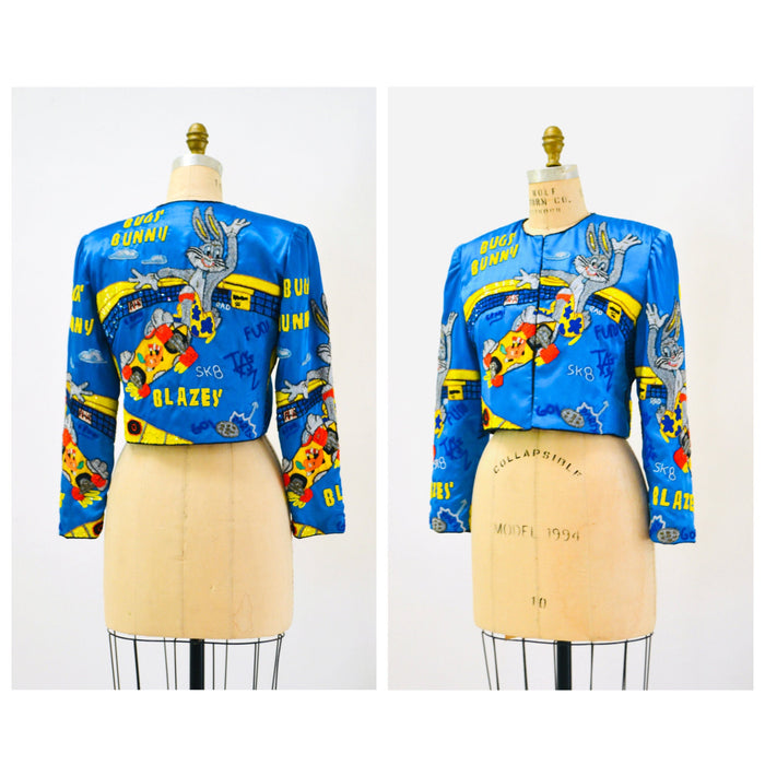 90s Vintage Jeanette Kastenberg Sequin Beaded Jacket Looney Tunes Bugs Bunny Skater Taz Cartoon Beaded Jacket Small Medium Blue Yellow