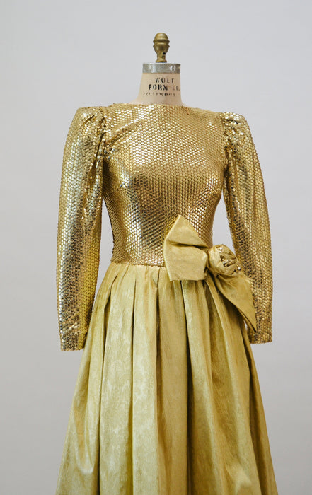 70s 80s Gold Sequin Metallic Ball Gown Dress 80s Gold Sequin Prom Dress Small Medium By Mignon // 80s Vintage sequin Gold Pageant Dress