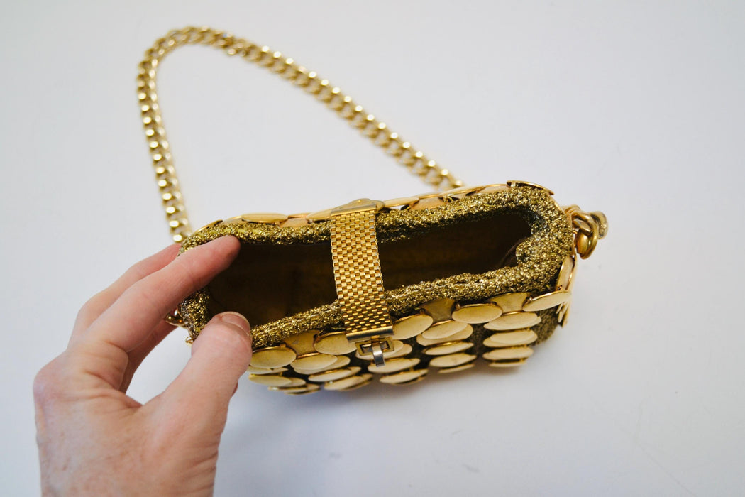 60s 70s Vintage Metallic Gold Metal Purse Chain Mail Wedding Disco Bag Made in Italy // Vintage Wedding Gold Metallic Bag Purse Paco Rabanne