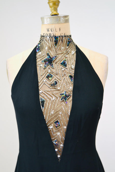 80s 90s Vintage BOB MACKIE Dress Black Star Beaded Metallic Halter Neck// Black Sexy Halter Mini Dress Small Medium Bob Mackie Cher