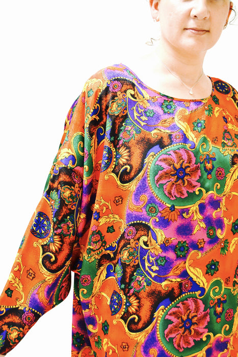 80s 90s Vintage Paisley Print Red Dress Caftan Kaftan Large XL Baroque Paisley Print Nightgown Boho Hostess House Dress by Val Mode