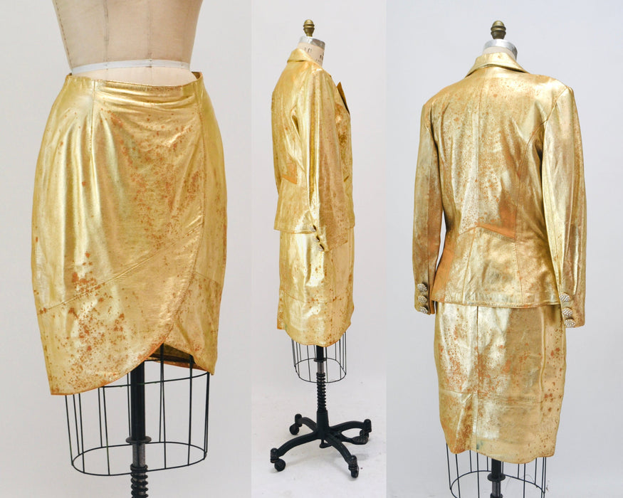 80s 90s Vintage Gold Metallic Rhinestone Leather Suit Jacket Skirt Set Lillie Rubin Medium Large 80s Glam Gold Studded Leather Jacket Skirt