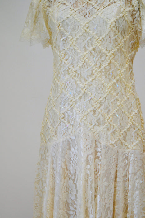 80s does 20s Vintage Lace Sequin Dress Medium Cream Off White// Vintage Sequin Lace Wedding Dress Boho Flapper Inspired Cream Lace Dress