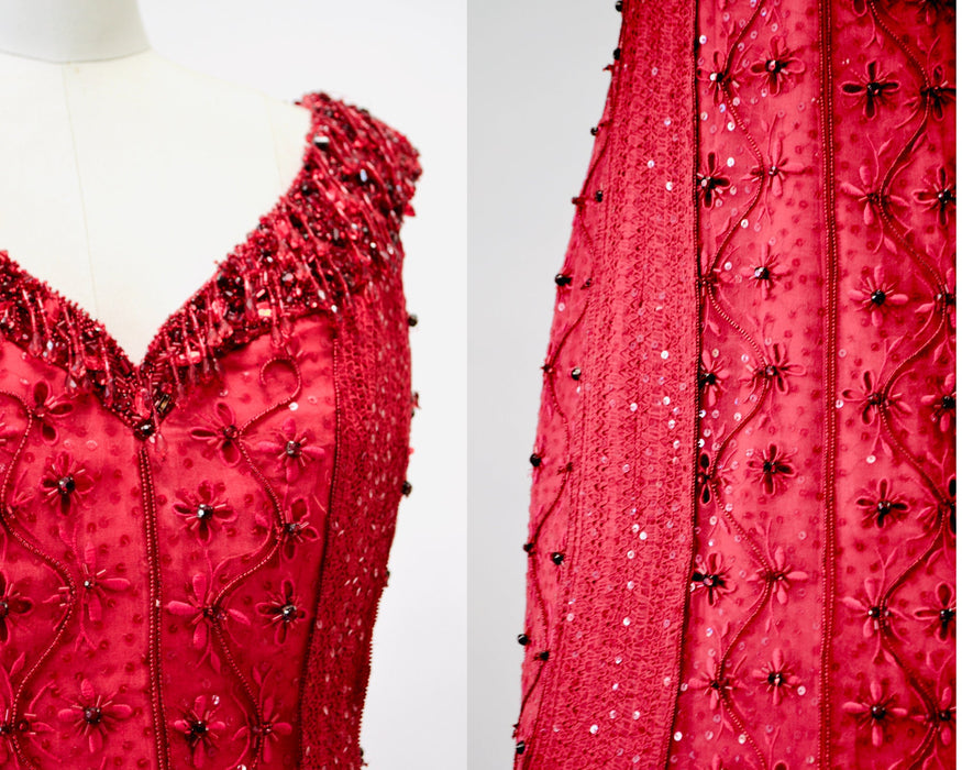 Vintage Red Sequin Beaded Dress Evening Gown dress Escada XS Small// Vintage Couture Red Rhinestone Black Tie Ball Gown Silk Dress Escada XS