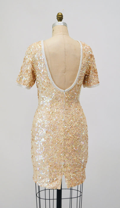 90s Vintage Sequin Dress Cream Off White Sequin Dress Small Medium// 90s Sequin Wedding Party Cocktail Dress Short Sleeve Lillie Rubin