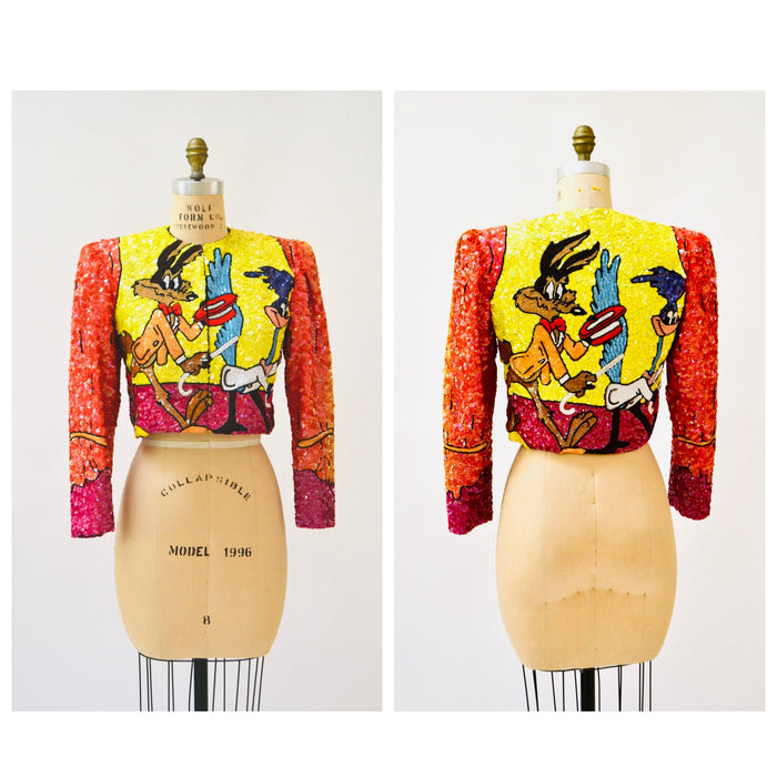 90s Vintage Jeanette Kastenberg Platinum Sequin Jacket Looney Tunes Warner Brothers Cartoon Beaded Jacket Medium Wile E. Coyote Road Runner