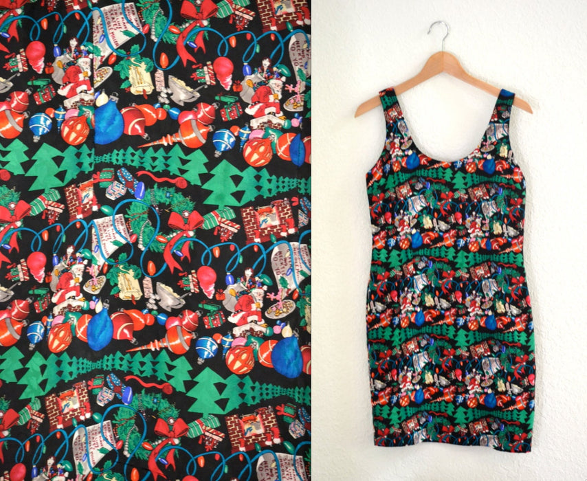 Vintage Christmas dress Nicole Miller Silk Dress Christmas Tree Santa Medium Vintage Holiday Party Dress Black Silk Xmas Christmas Dress