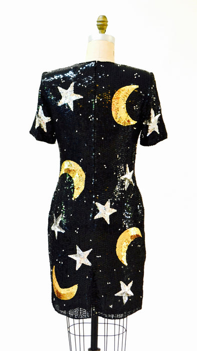 Vintage Sequin Dress Black Star Moon Medium Large By Modi// 90s Vintage Beaded Metallic Dress Stars Moons Pop Art Astrology Dress