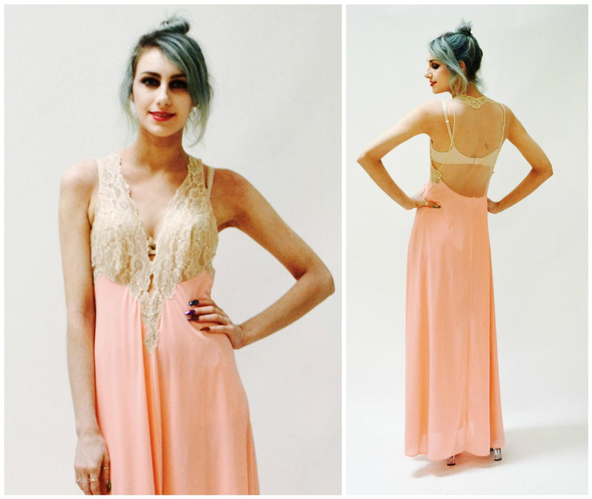 Vintage Nightgown Camisole Chemise Dress Small Pink Lace Cream Wedding Honeymoon Night gown// Vintage Lingerie Slip Dress Bridal