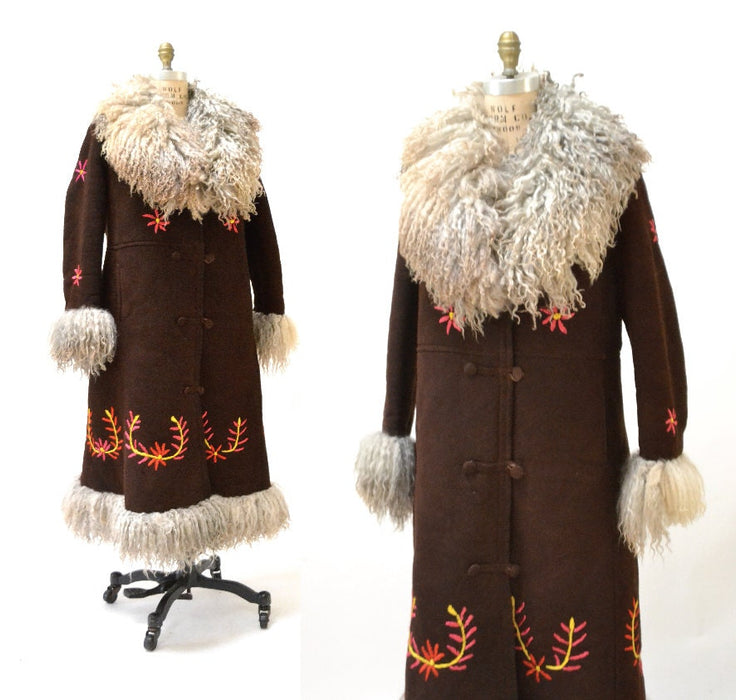 Vintage Embroidered Shearling Afghan Jacket Coat Medium Large//  90s does 70s Shearling Coat Embroidered Sheepskin Fur Boho Afghan Jacke