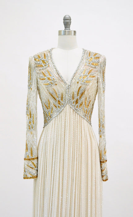 80s 90s Vintage Silver Gold White Cream Beaded Gown Dress Small Medium Bob Mackie Silk// Vintage Wedding Gown Beaded Art Deco Gown Small