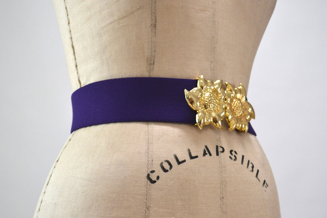 80s 90s Vintage Gold Flower Belt Buckle Purple Stretch Elastic Belt Gold Flower Metal Belt Small Medium Large XL Purple Flower Wedding Belt