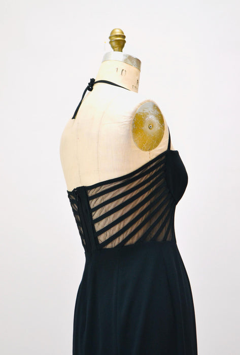 90s Vintage Black Halter Dress Sheer Sexy Black Dress Small Medium 90s Party Long Black Halter Neck Prom Dress Long Black Evening Gown