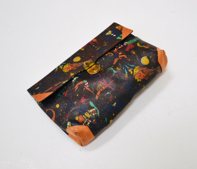 Vintage Piero Guidi Magic Circus Bag Clutch Bag Purse Made In Italy Vintage Coated Canvas Bag Brown Leather Bag Envelope Clutch Bag 70s