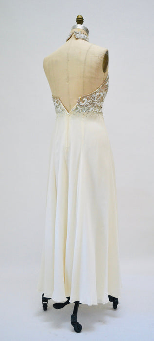 80s 90s Vintage Silver Cream Beaded Sequin Gown Dress Small Stephen Yearick Silk // Vintage Beach Mermaid Wedding Gown Dress Halter neck