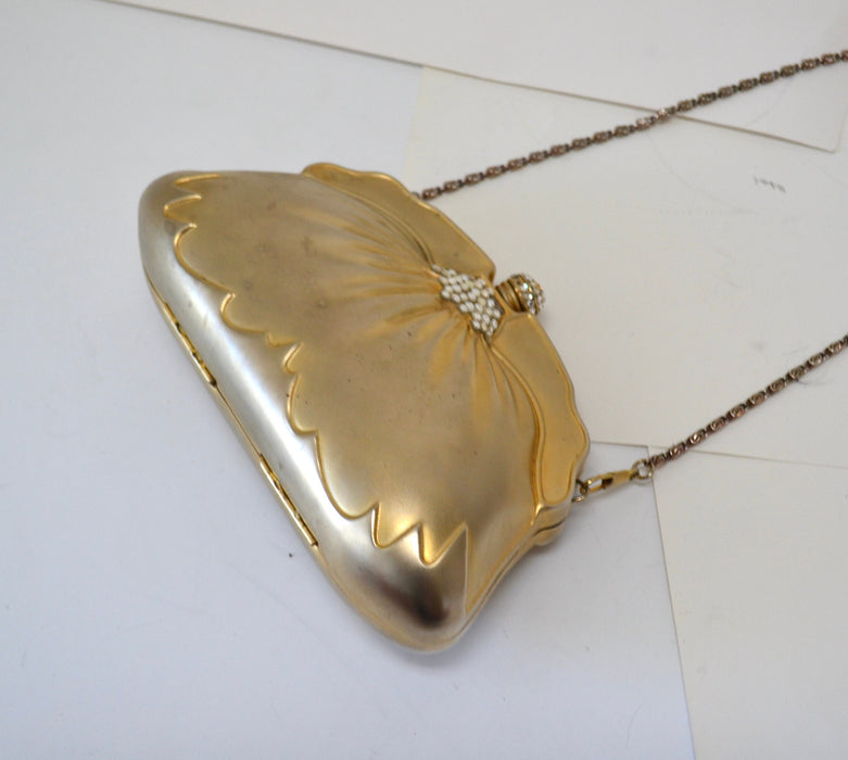 90s Vintage Metallic Gold Metal Clutch Evening Bag Hard Case with Crystals// Vintage Gold Wedding Clutch Metal Evening Bag Gold Clutch