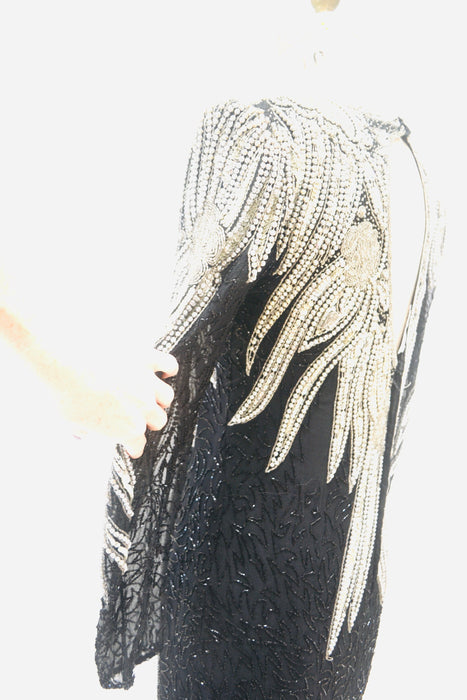 70s 80s GLAM Vintage Black Silver Beaded Sequin Evening Gown Small Medium // 80s 90s Pageant Drag Queen Black beaded Dress Gown Small Medium