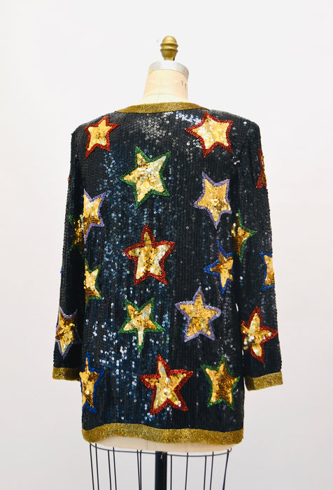 80s 90s Vintage Star Sequin Beaded Jacket Black Gold Metallic Star Sequin Jacket Medium// 80s 90s Glam Vintage Party Sequin Jacket Stars